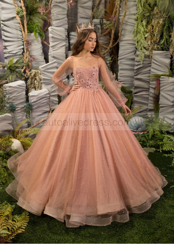 Blush Pink And Cappuccino Lace Tulle Pearls Flower Girl Dress Blush Pink And Cappuccino Lace Tulle Pearls Flower Girl Dress